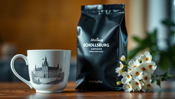 Elegant mug and coffee bag as souvenirs from Ahrensburg, with flowers.