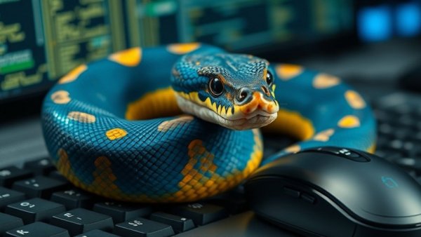 Python für Umsteiger in KI-Programmierung illustration with a snake on a keyboard.
