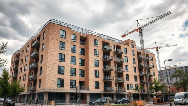 Modern light brick apartment complex in Ahrensburg under cloudy sky