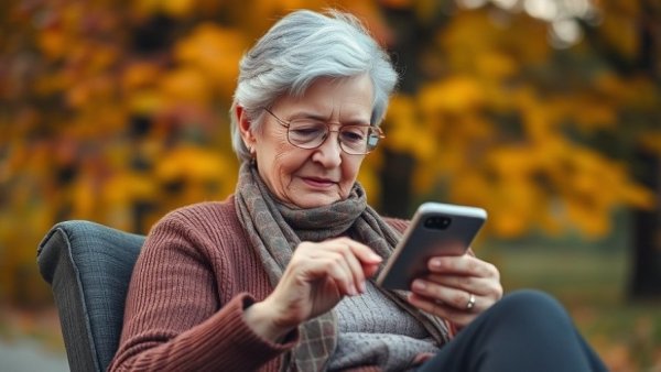 Elderly woman using smartphone outdoors with Sileme App.