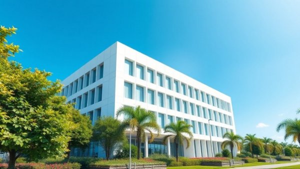 1&1 Hardware-Angebote zum Sparpreis - modern office building in sunny setting.