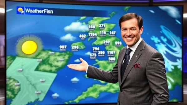 Jörg Kachelmann KI-Avatar weather presenter with map background.