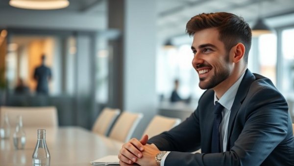 Professional man smiling during a meeting about Bodycam Datenschutzpflichten.