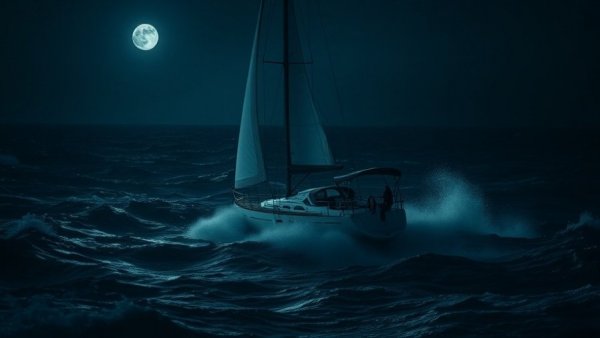 Dramatic sailboat scene in rough seas at night, cinematic style.