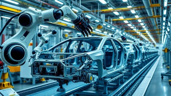 Robotic arms in a factory assembling cars related to EU Mindestpreise E-Autos.