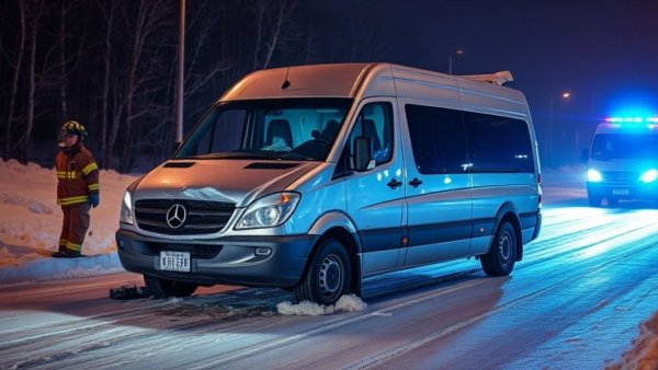 Traffic accident scene in Stormarn due to black ice, featuring a crashed van.