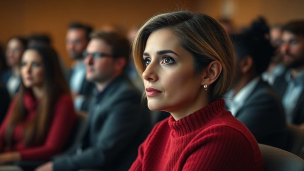 Attentive woman in meeting relating to 'Bleiberecht für Flüchtlinge mit Job'.