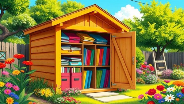 Cartoon garden shed with organized colorful folders in a lush setting.