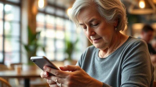 Elderly woman using a smartphone in a cafe, Bist du tot? App against loneliness in China.
