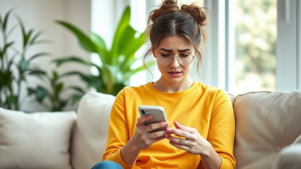 Stressed young woman holding phone, Stressfaktor Gruppenchats.