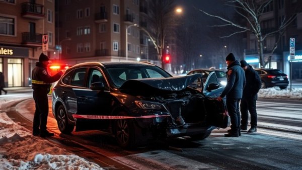 Unfall Lübeck Protz-Golf: Police survey damaged car at night.