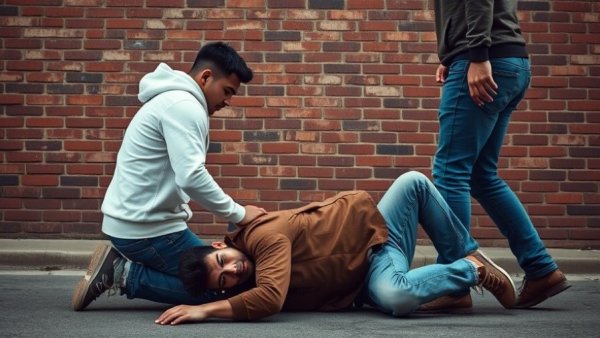 Street altercation involving three young men, intense scene, brick background.