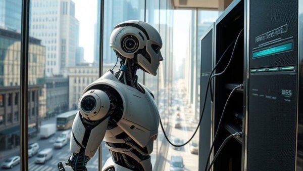 Futuristic robot with server in office, reflecting on legal self-hosting tips.