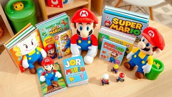 Colorful My Mario Spielzeug toys and books on wooden table.