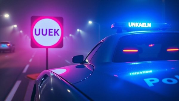 Police car with blue lights at night in Lübeck