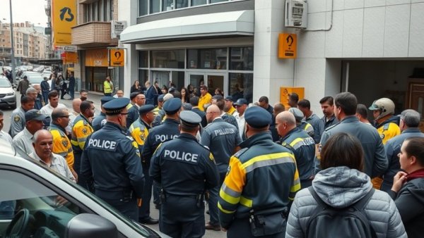 Group discussing outside under grey sky in Lübeck, hinting at serious event.