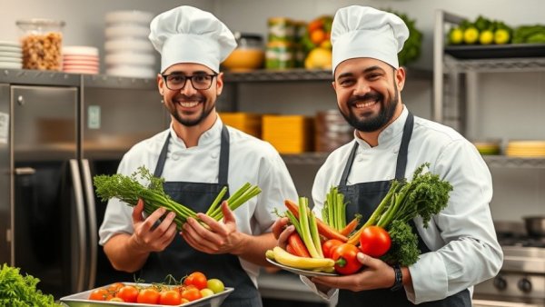 Chefs preparing vegetarisches Büfett in Stormarn with fresh vegetables.