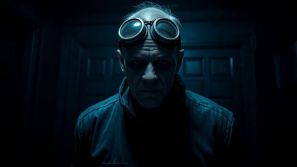 Scarred figure wearing goggles in dimly lit room reminiscent of Resident Evil Requiem.
