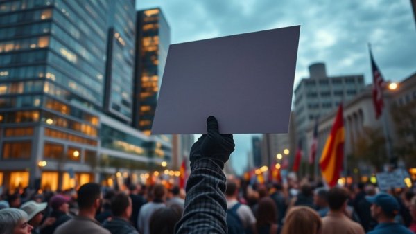 Protest sign about internet shutdowns during demonstration, city backdrop.