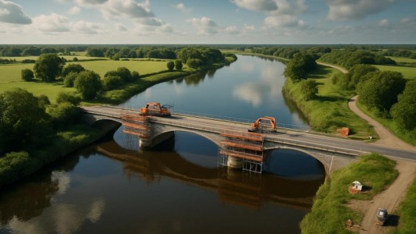 Aerial view of Eider Bridge renovation over lush landscape.