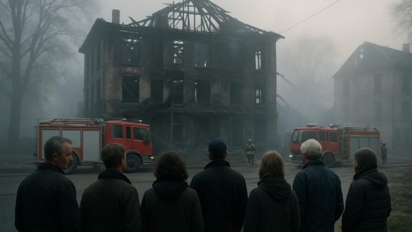 Brandanschlag Lübeck Flüchtlingsunterkunft scene with onlookers and fire trucks.