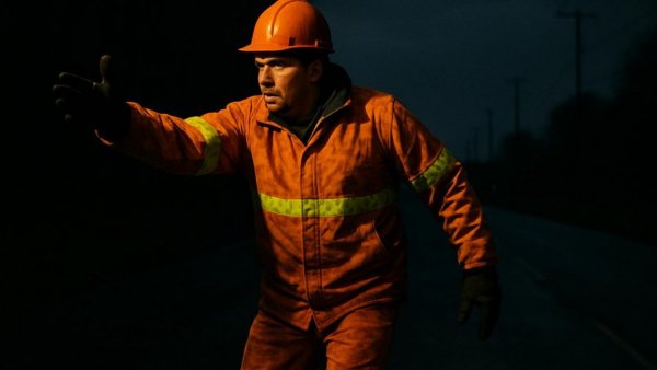 Person in reflective gear gesturing on dark road, Airbus auf Achse.