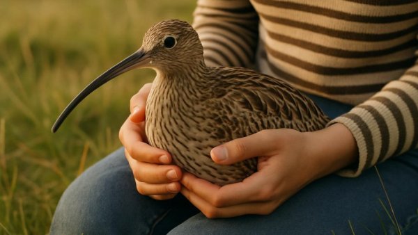 Brachvogel Schutz in Stormarn, person gently holding bird in nature.