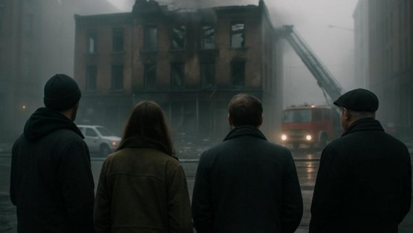 People observing a fire-damaged building in foggy Lübeck.