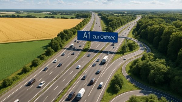Aerial view of A1 zur Ostsee highway intersection amid green landscapes.