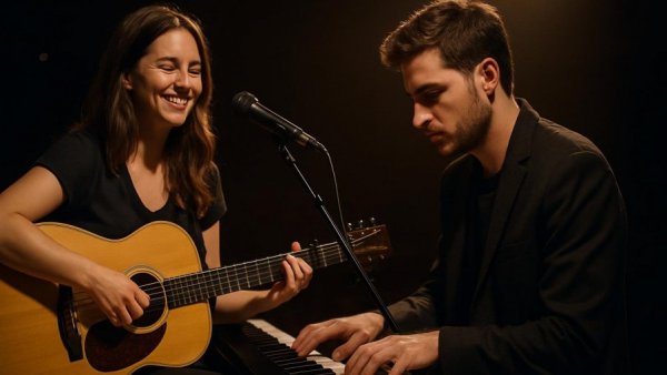 Scandifolk-Traumpaar performing live on stage with instruments.