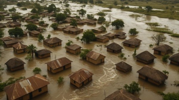 Aerial view of severe flooding in an African village, houses submerged.