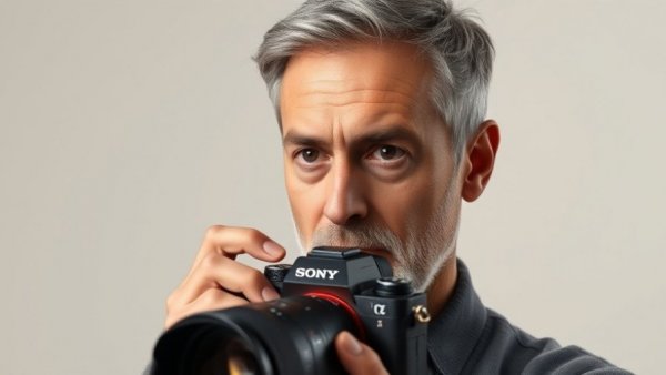 Middle-aged man holding Sony Alpha 7 V camera in studio setting.