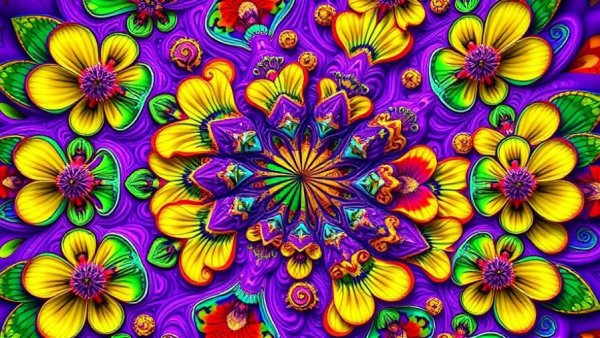 Vibrant abstract fractal with floral motifs and vivid colors.