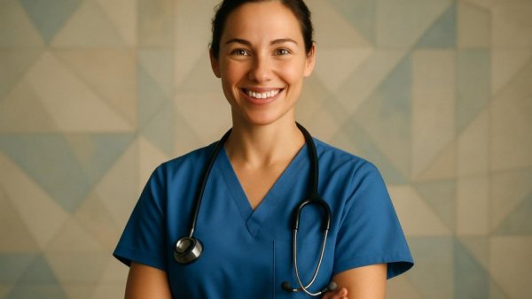 Confident nurse smiling in medical office, Krebs in der Schwangerschaft.