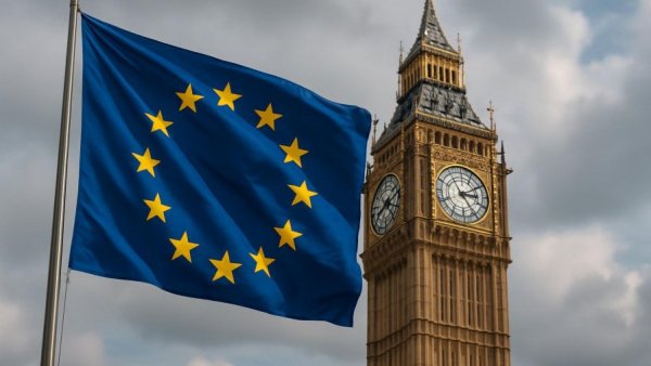 EU flag near Big Ben, Zölle USA Europa context.