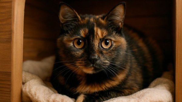 Tortoiseshell cat resting in a cozy shelter environment.
