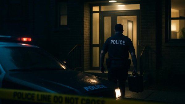 Night scene of police activity, officer entering building.