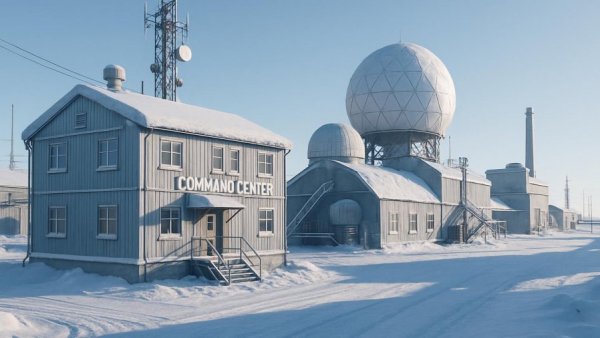 Arctic command buildings in Grönland covered in snow