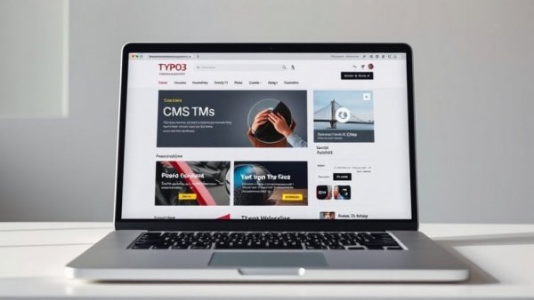 Sleek laptop displaying TYPO3 kostenloses Content-Management-System interface.