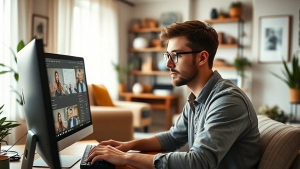 Mann testet Bildbearbeitungen im modernen Home-Office 2026.