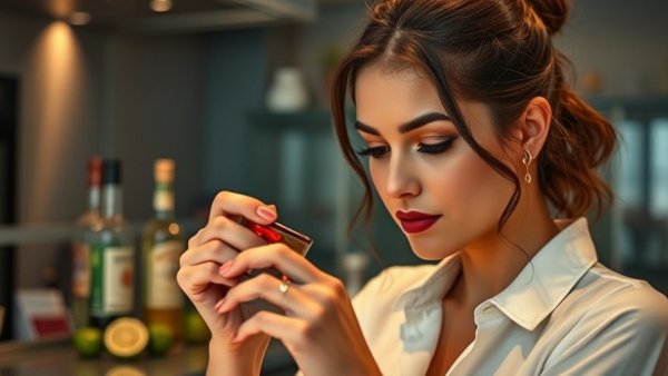 Stylish woman testing Bartesian cocktail machine in modern kitchen.