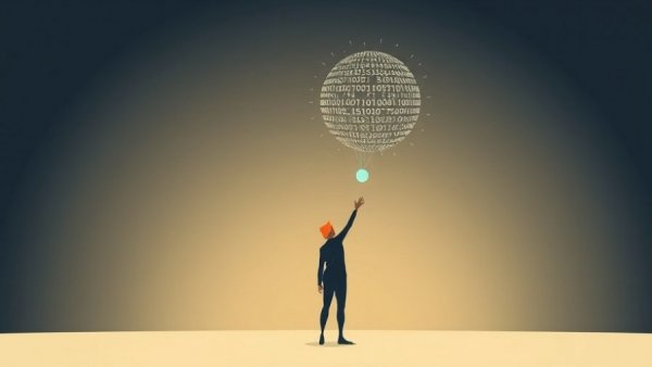 Abstract illustration highlighting generative KI Risiken with a person interacting with binary code.