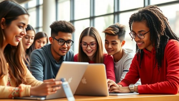 Teenagers learning with technology in a classroom.