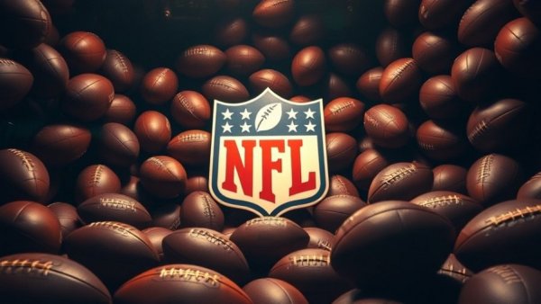 NFL logo surrounded by footballs, Rams vs. Bears NFL Playoffs.