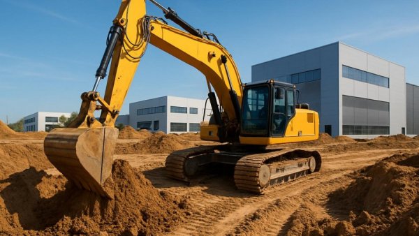 Construction site with excavator and concrete pillars in Brunsbüttel.