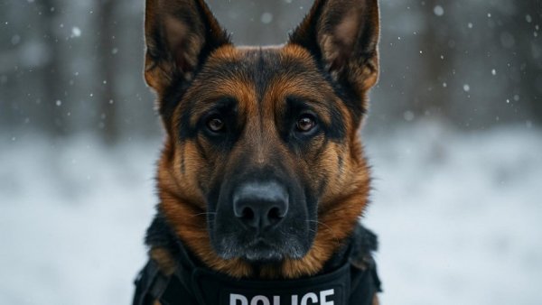 Polizeihund Duke in snow with an alert expression.