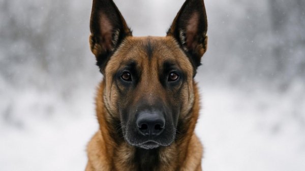 Polizeihund Duke with focused expression in snowy landscape.