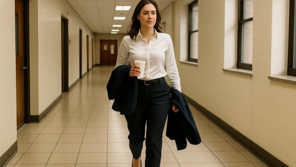 Block Prozess Kinderentführung: Woman in corridor carrying items.