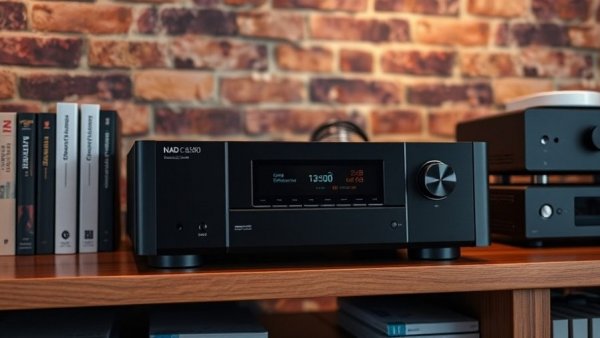 NAD C 3030 C 3030S BluOS Streaming amplifier on wooden shelf with books.