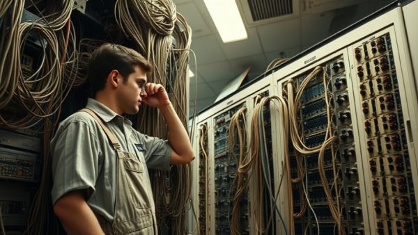Man working on a vintage analog computer with complex wiring.